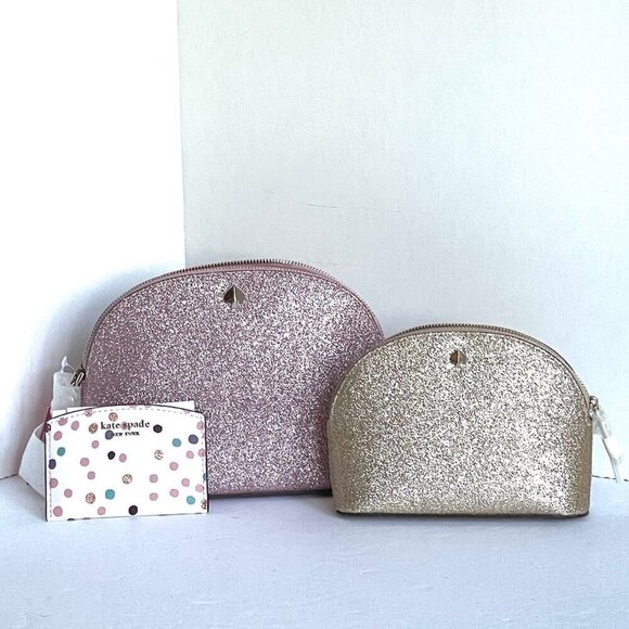 Kate Spade Rose Gold Trio Crossbody Set Wallet Pouch Glitter Makeup Card Case - Picture 2 of 10